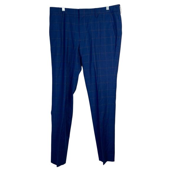 BONOBOS Blue Brown Windowpane Italian Stretch Wool Pants 34 x 34 Slim Zignone - Picture 1 of 8
